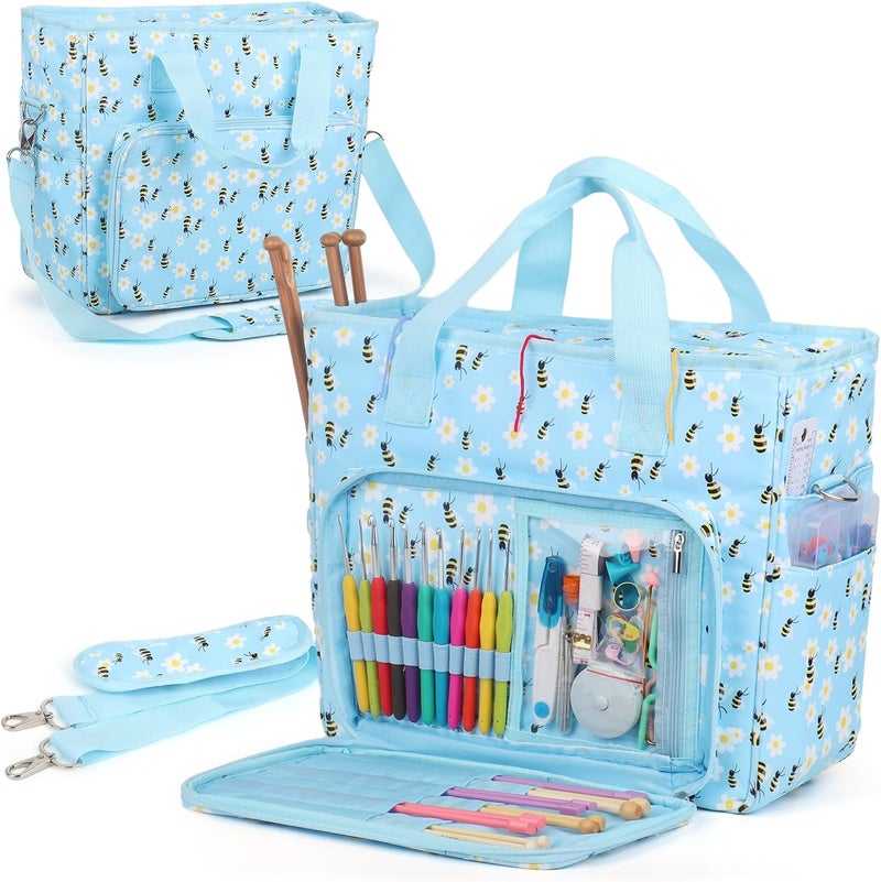 Aeelike Yarn Storage Organizer Travel Crochet Bag, Large Capacity Tote Bag Knitting Bag for Carrying Projects, Knitting Needles, Crochet Hooks and Yarn, Blue Floral and Bees - Image 1